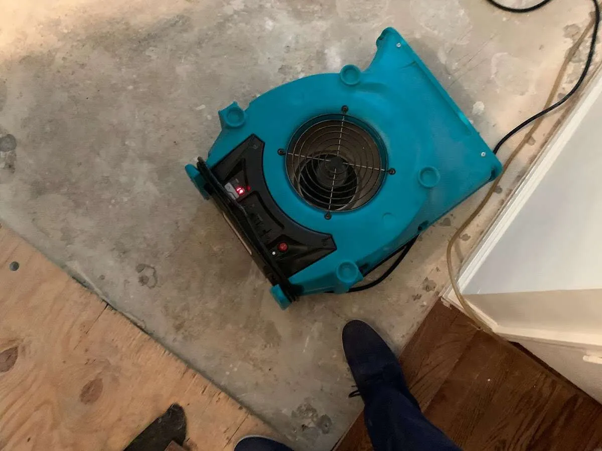 Air mover drying subfloor during Leak Detection & Repair in Rockwood